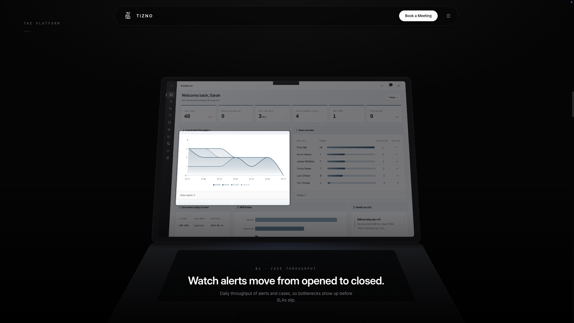 Tizno platform — case and alert throughput dashboard